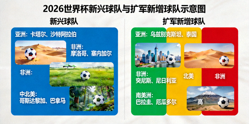 2026世界杯新兴球队与扩军新增球队示意图 - 包括亚洲、非洲等多支新兴国家队