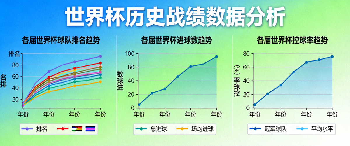 世界杯历史战绩数据分析可视化图表 - 展示各届世界杯球队排名、进球数、控球率趋势曲线图