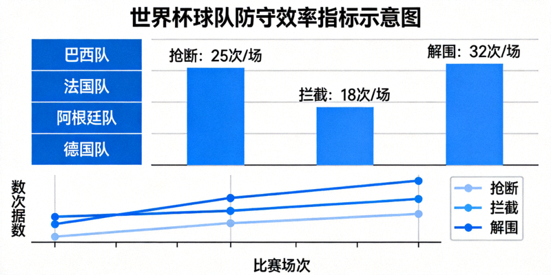 世界杯球队防守效率指标示意图 - 展示抢断、拦截、解围等防守数据流