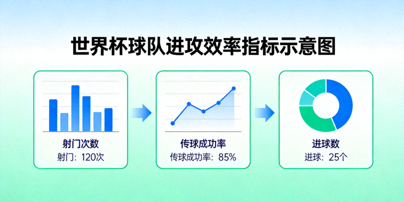 世界杯球队进攻效率指标示意图 - 展示射门、传球、进球等进攻数据流